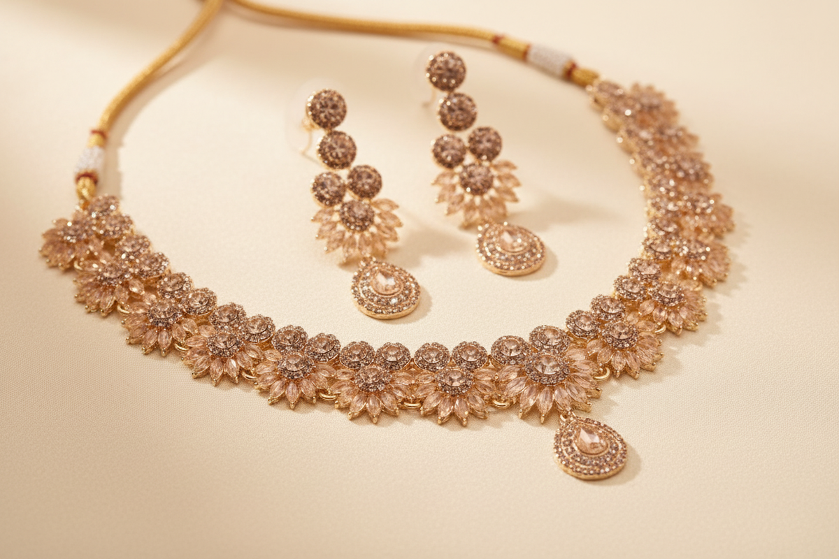 Close detail of floral crystal necklace and matching earrings in a gold-plated bridal jewelry set