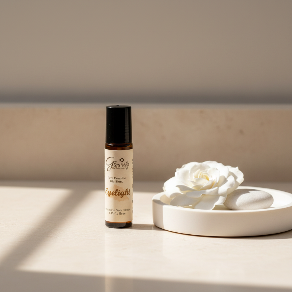 Glowrify Eyelight golden under-eye roller styled on an ivory vanity with a white flower