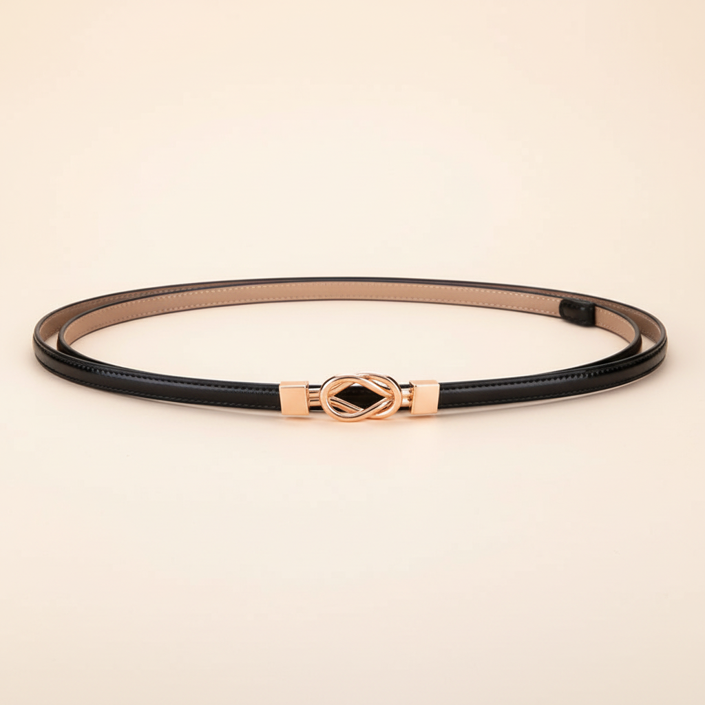 Slim black leather women’s waist belt with interlocking decorative buckle on a warm ivory background