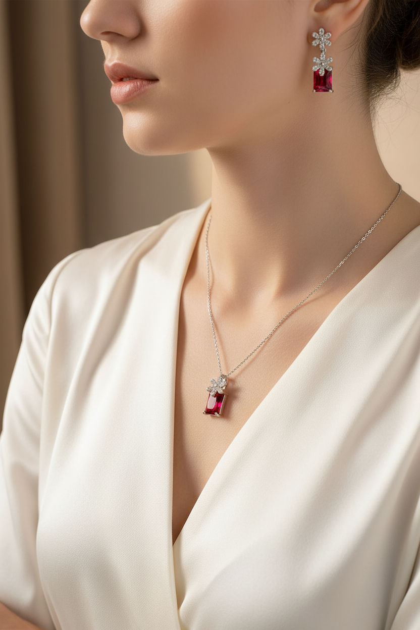 Woman wearing the silver-tone zircon pendant necklace and matching drop earrings