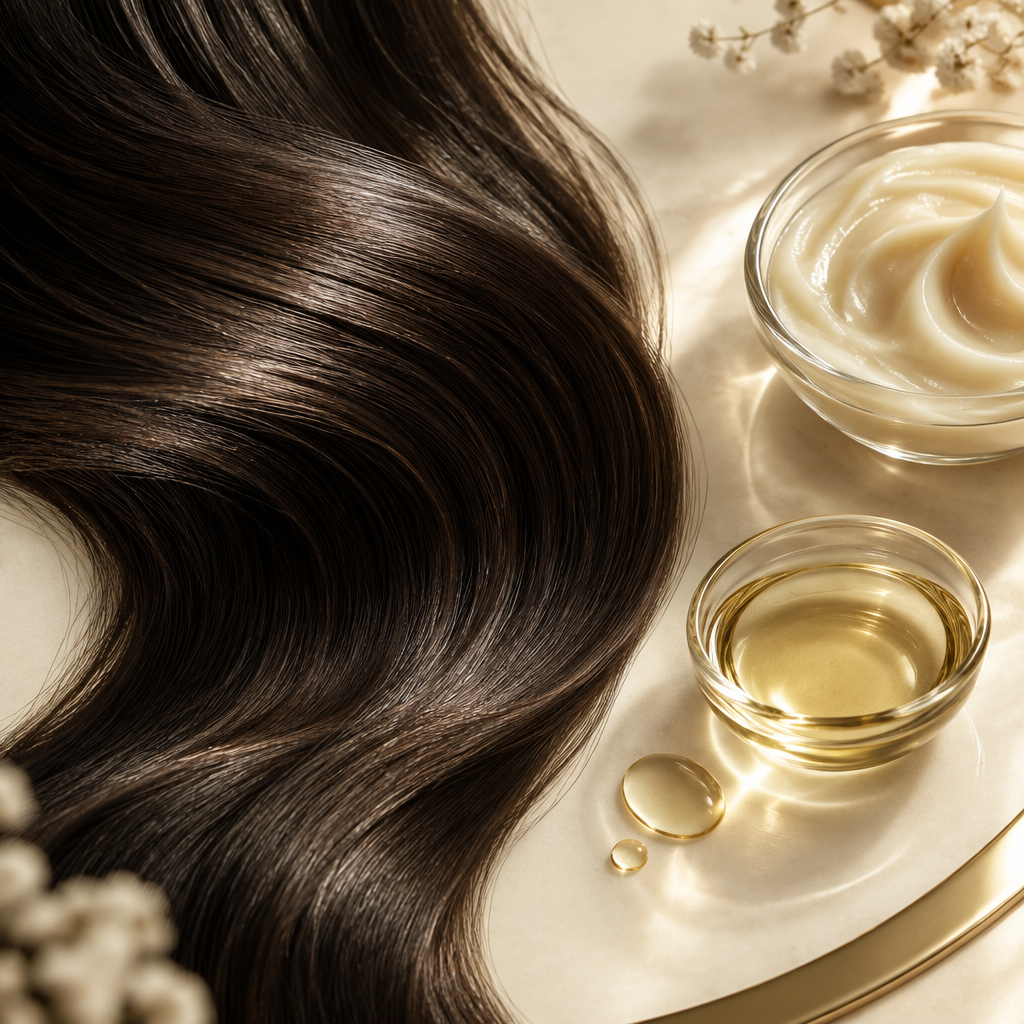 Editorial hair-care lifestyle image with glossy dark hair, hair mask texture and oil on a warm ivory background; illustrative and not product packaging.