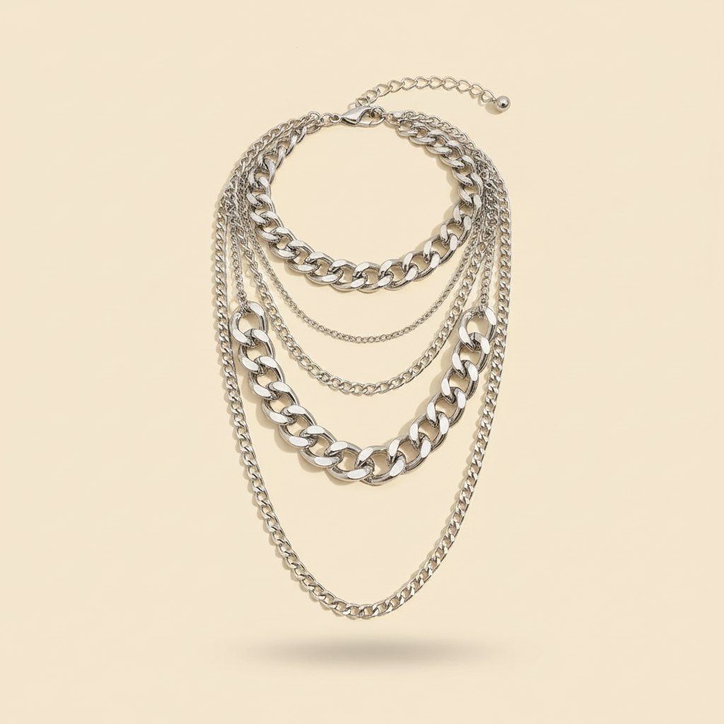Layered silver-tone chain necklace on an ivory background