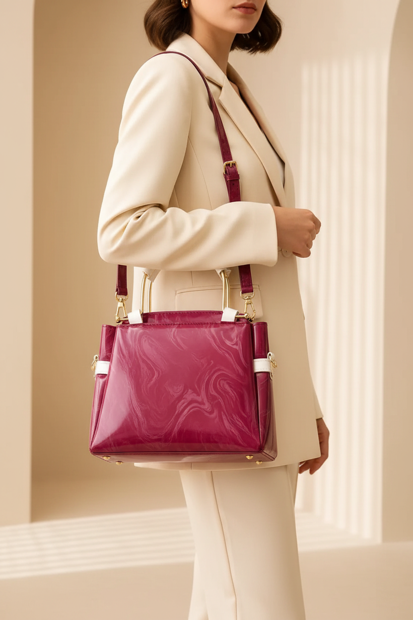 Woman carrying a maroon printed leather shoulder bag