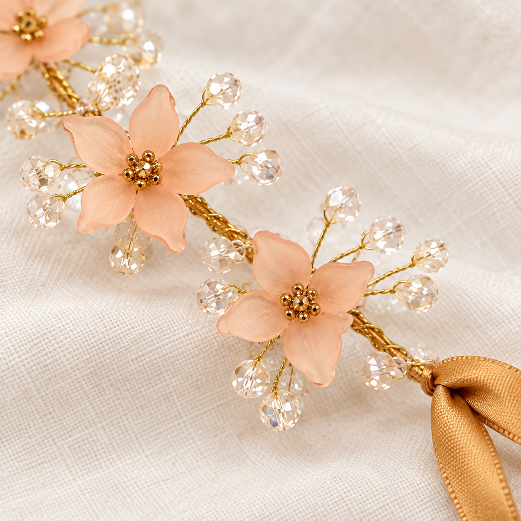 Close-up of peach flowers and clear crystal bead sprays on hair band