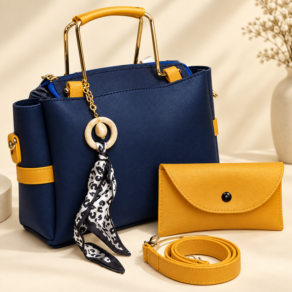 Close detail of a navy rexine handbag with mustard trim, gold-tone handles, printed scarf charm and matching pouch