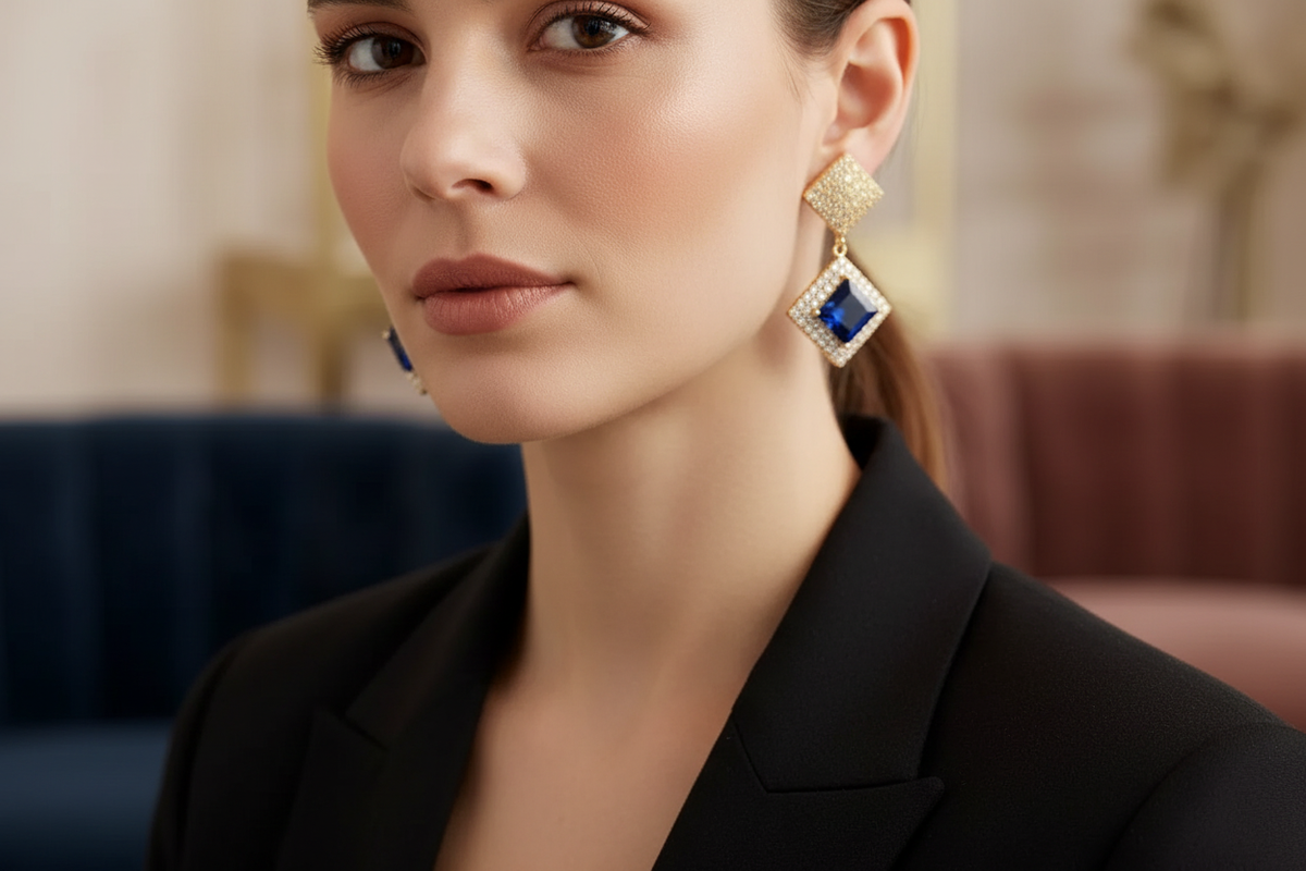 Gold-plated crystal drop earrings with deep-blue center stones worn in an elegant editorial portrait