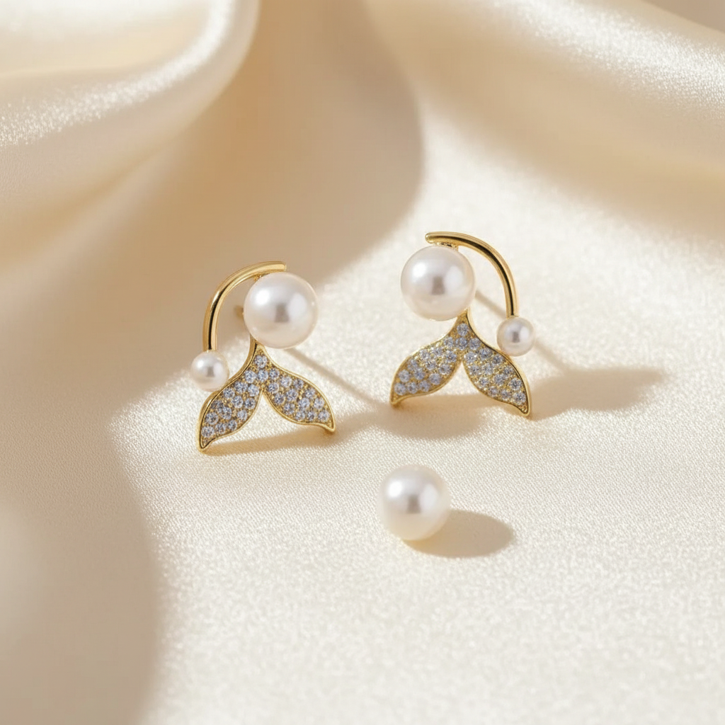 Golden pearl fish tail stud earrings with pavé crystal tails on warm ivory silk