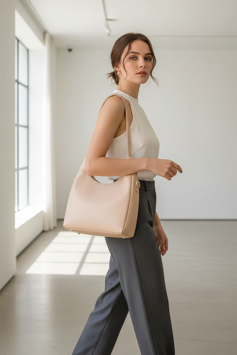 Beige leather shoulder bag worn on the shoulder in a minimal editorial setting