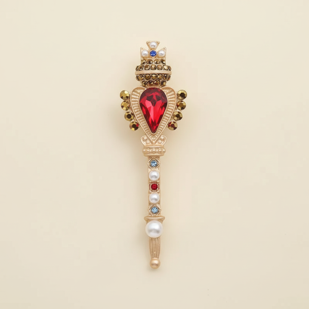 Regal red heart crown brooch with gold-tone detailing