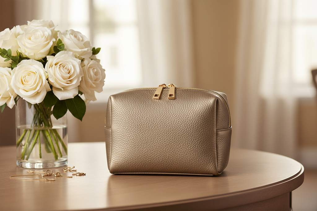 Premium waterproof travel cosmetic bag on vanity with roses and gold accessories