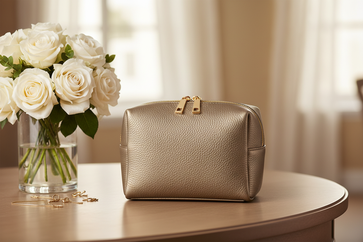 Premium waterproof travel cosmetic bag on vanity with roses and gold accessories