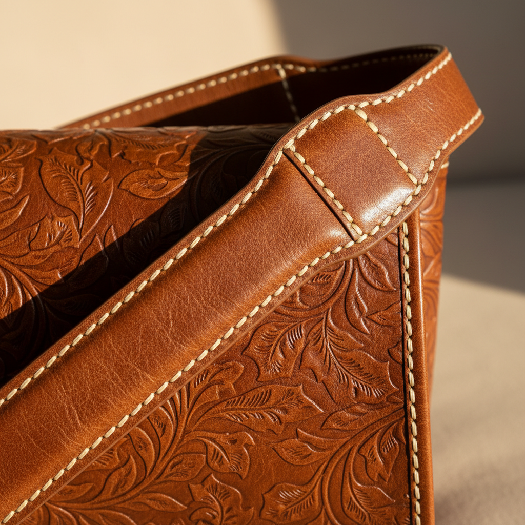 Close-up of brown printed leather texture and shoulder strap