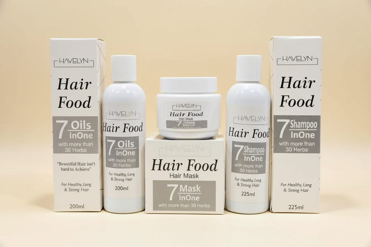 Havelyn Hair Food 3-piece hair care set with oil, mask, and shampoo on a warm ivory background