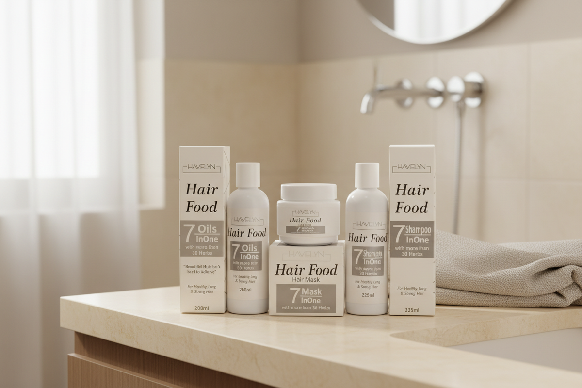 Havelyn Hair Food 3-piece hair care set styled on an ivory vanity with folded linen