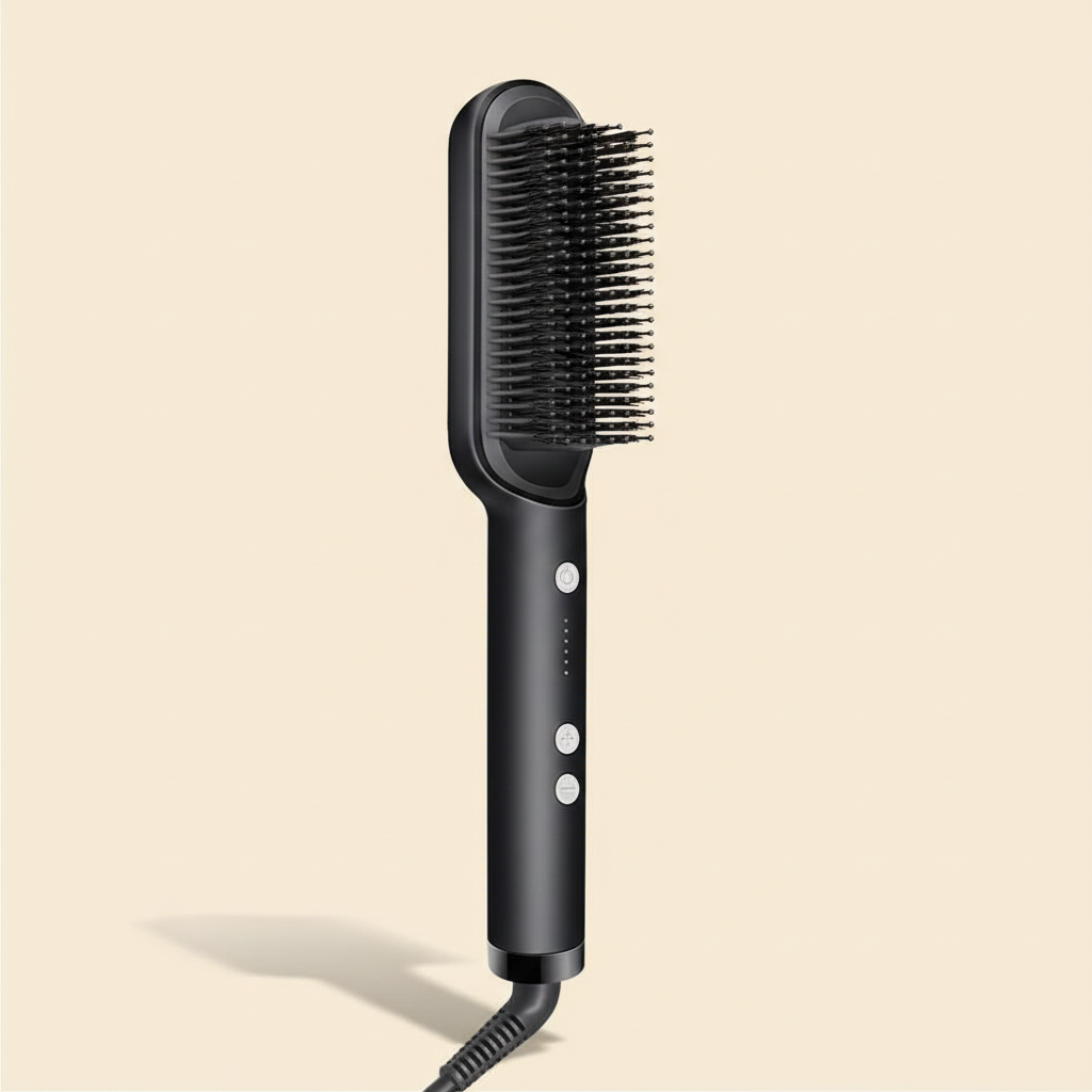 Black heated hair dryer brush with comb teeth and cord on a warm ivory background