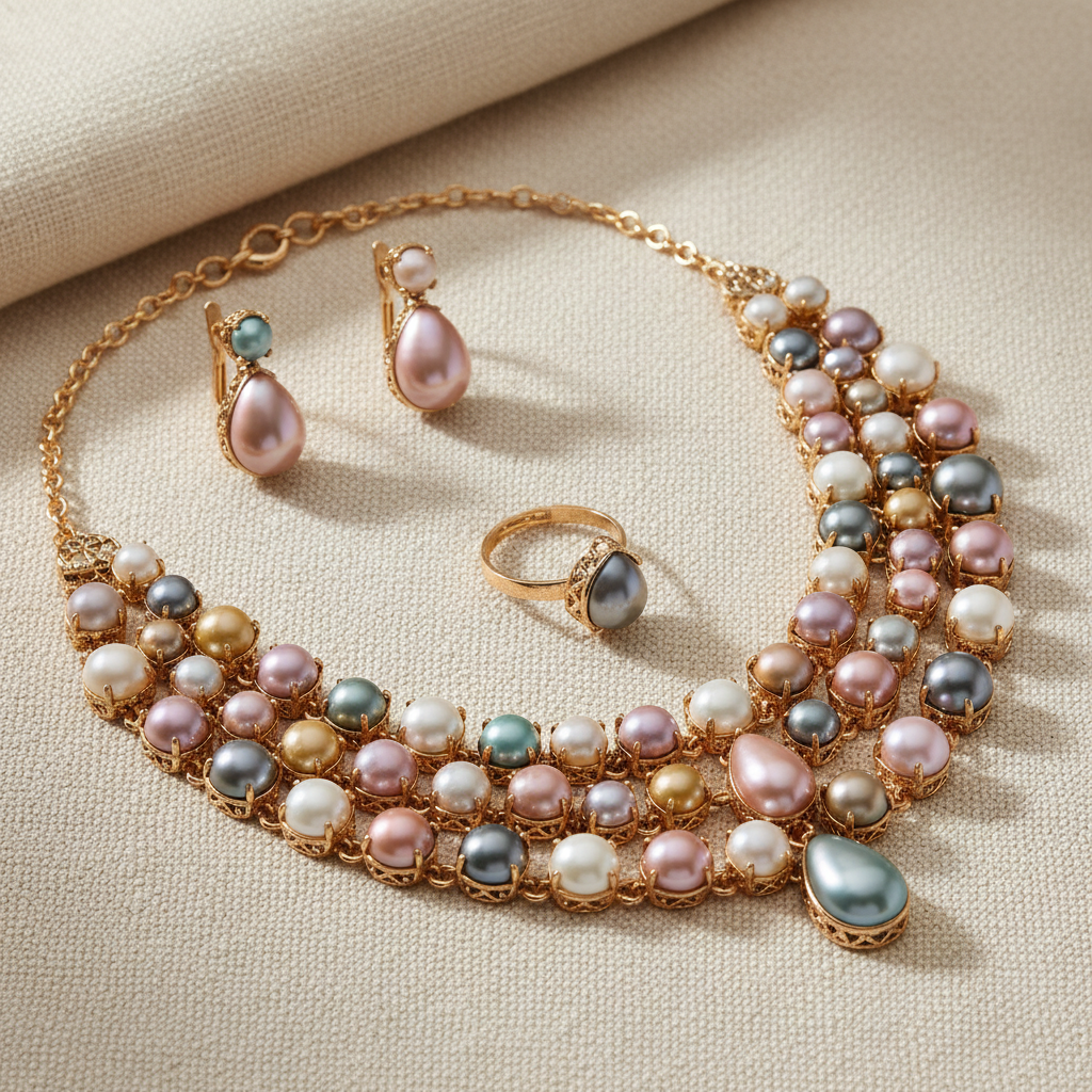 Close-up of a multicolour pearl stone necklace set with gold-toned metal details