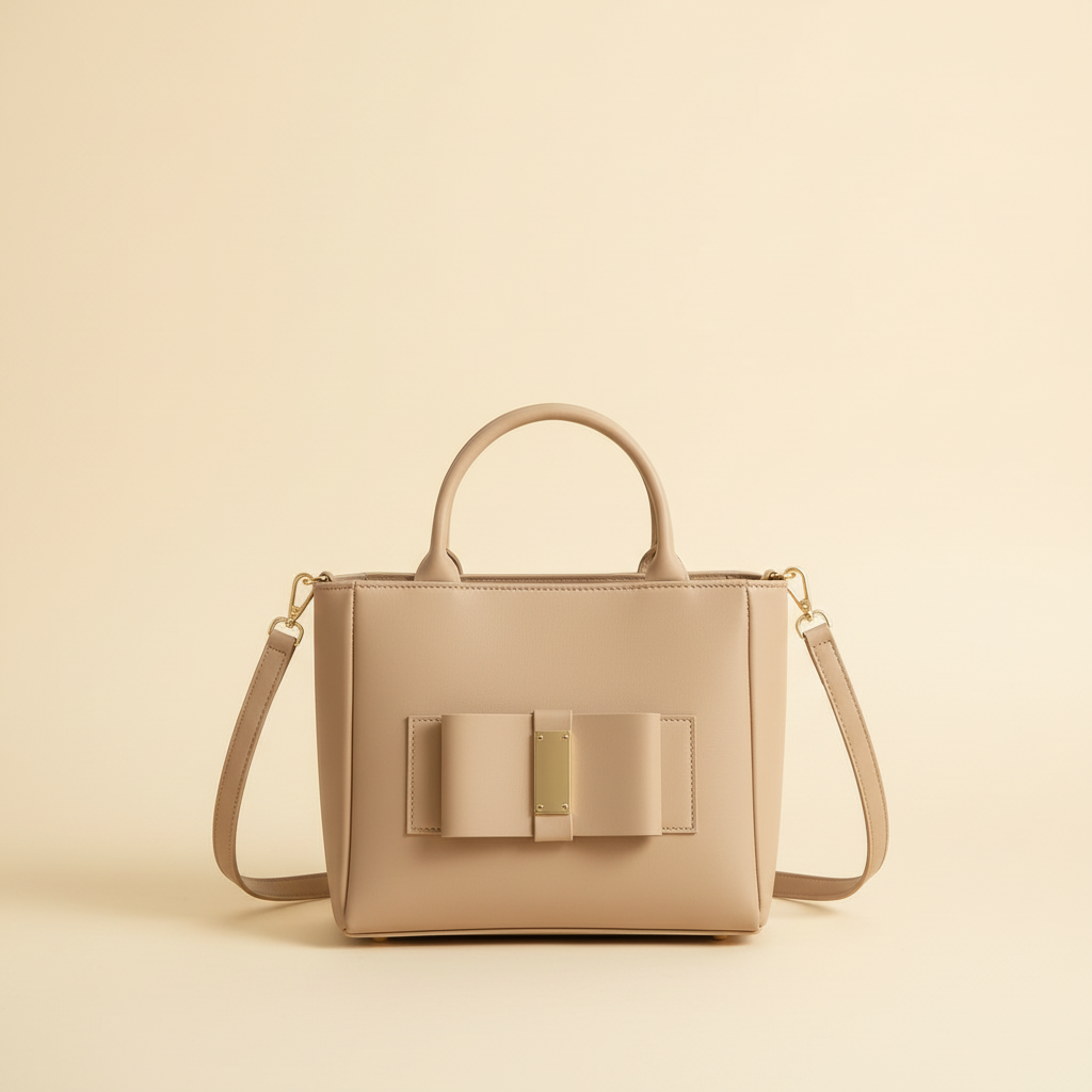 Beige leather bow shoulder bag with top handle and detachable shoulder strap