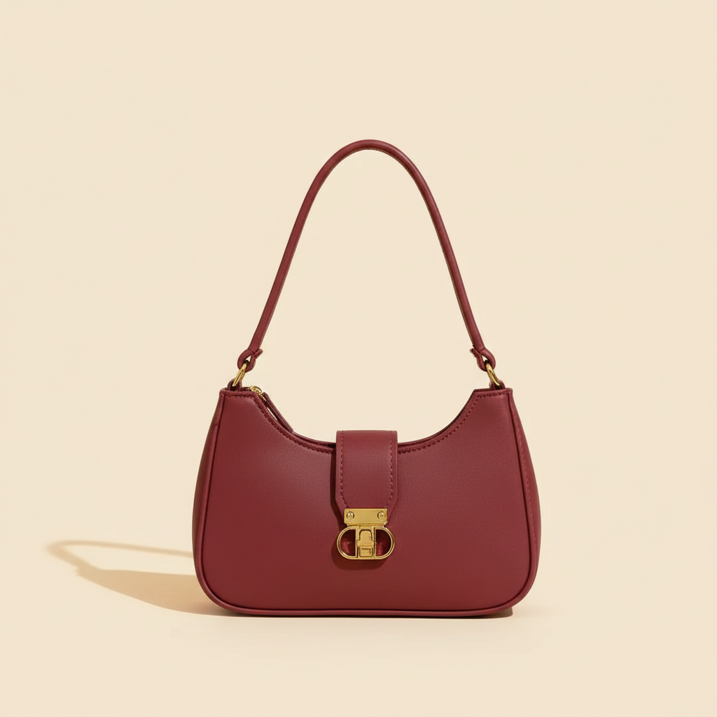Maroon leather shoulder bag with gold-tone clasp on a warm ivory background