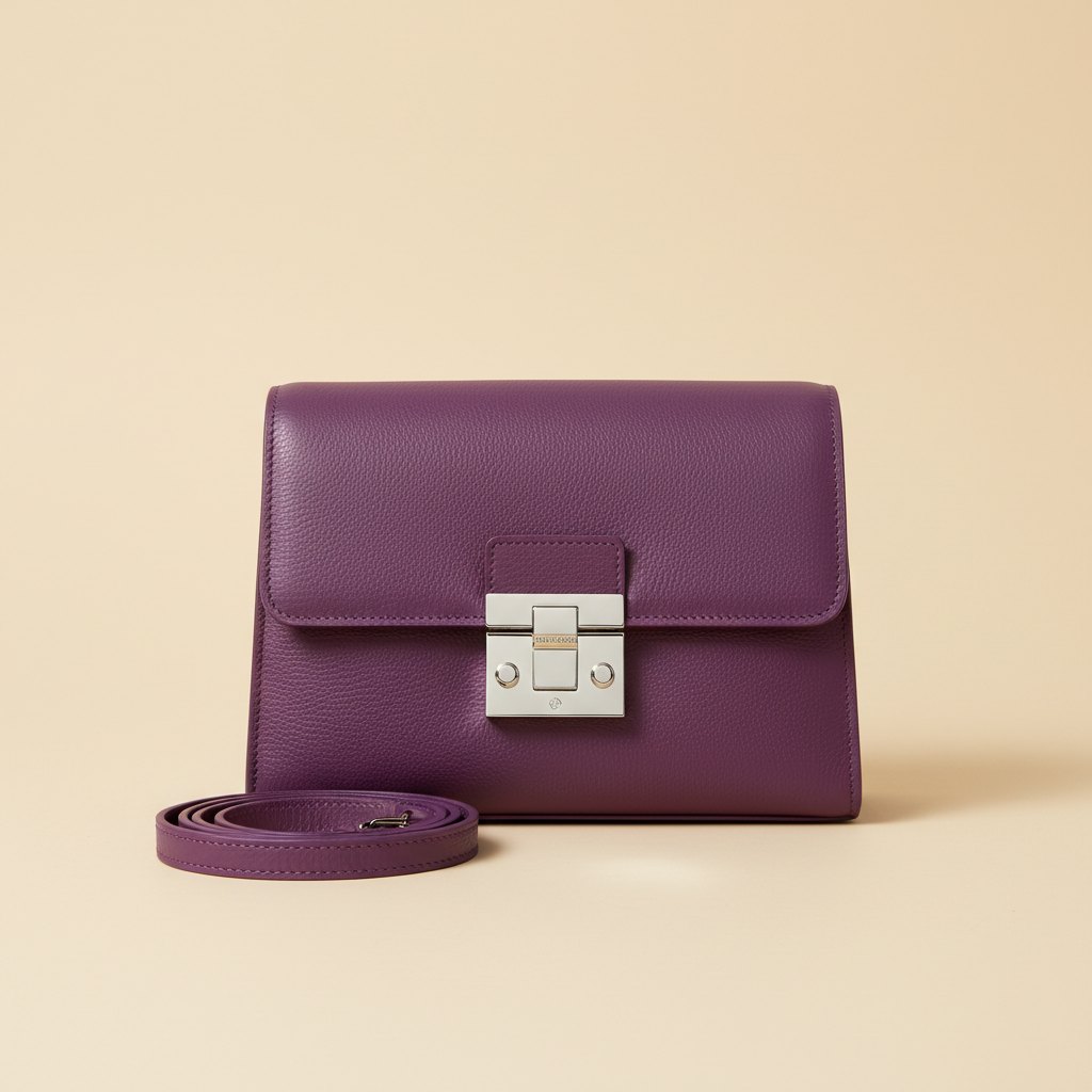 Purple leather shoulder bag with silver-tone clasp on a warm ivory background