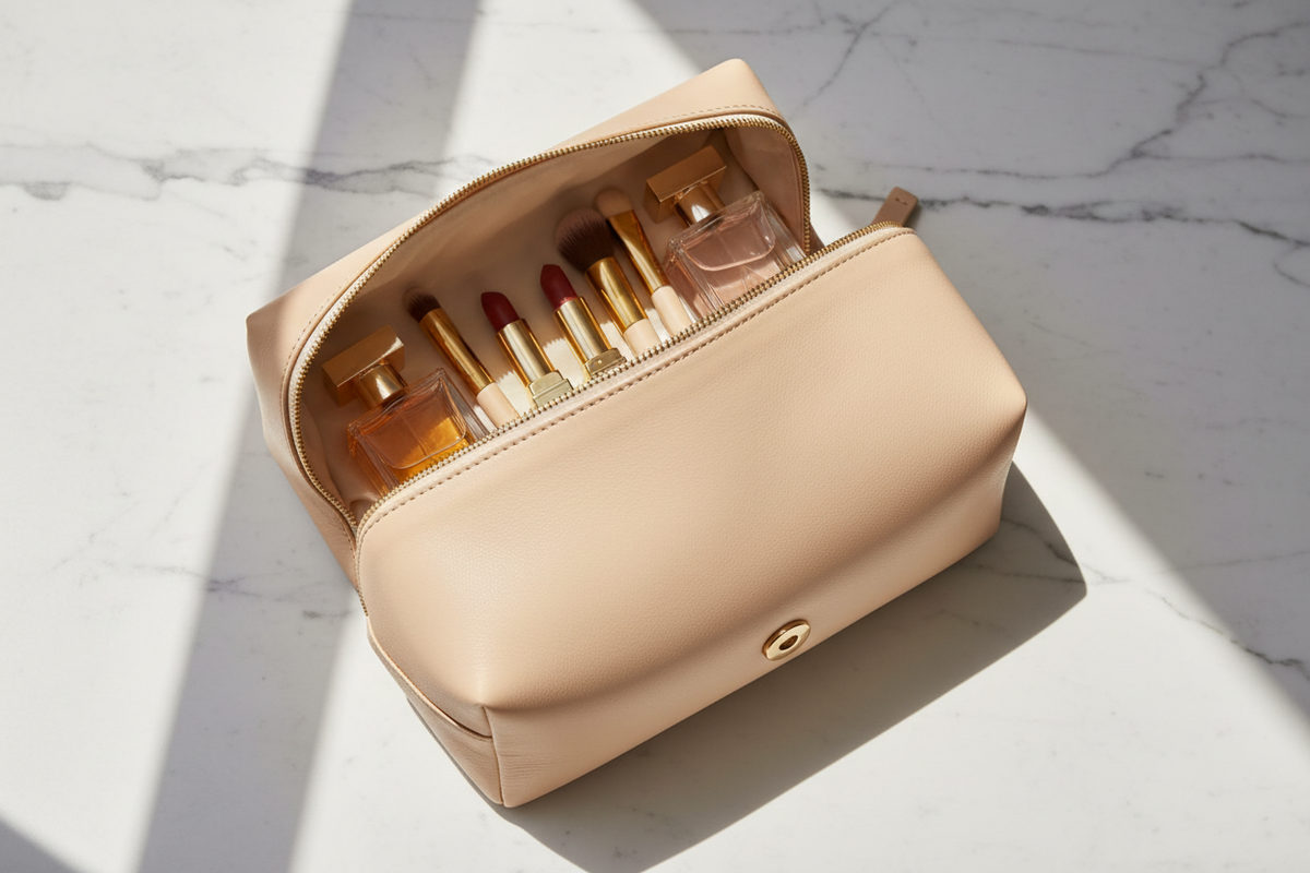 Luxury leather cosmetic bag open flat displaying makeup on marble surface