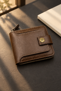 Light brown leather bifold zip wallet with star snap on charcoal desk
