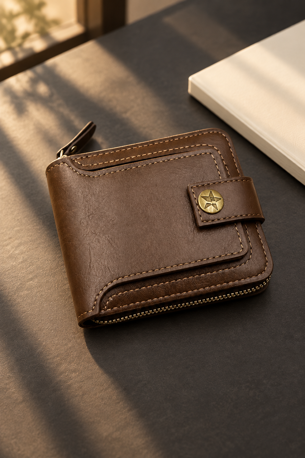 Light brown leather bifold zip wallet with star snap on charcoal desk