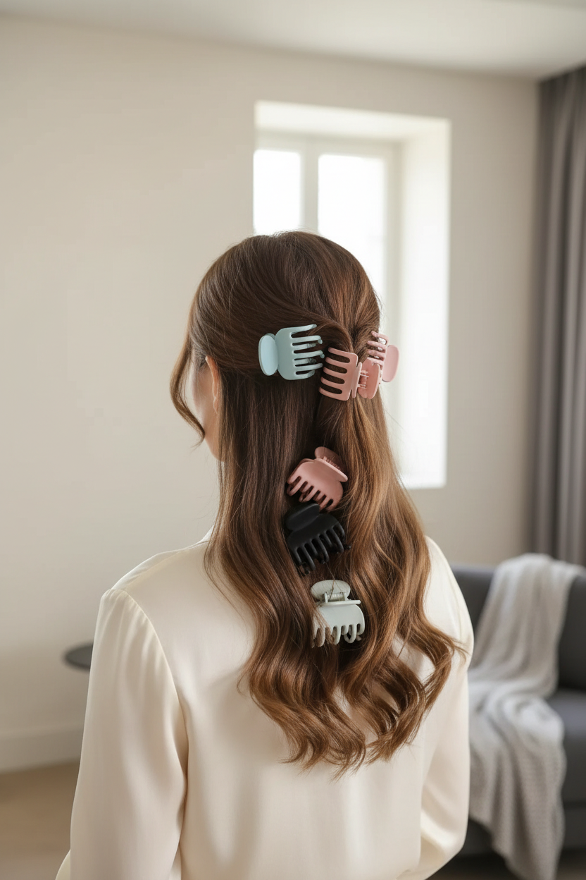 Woman wearing multicolor claw hair clips in a half-up hairstyle