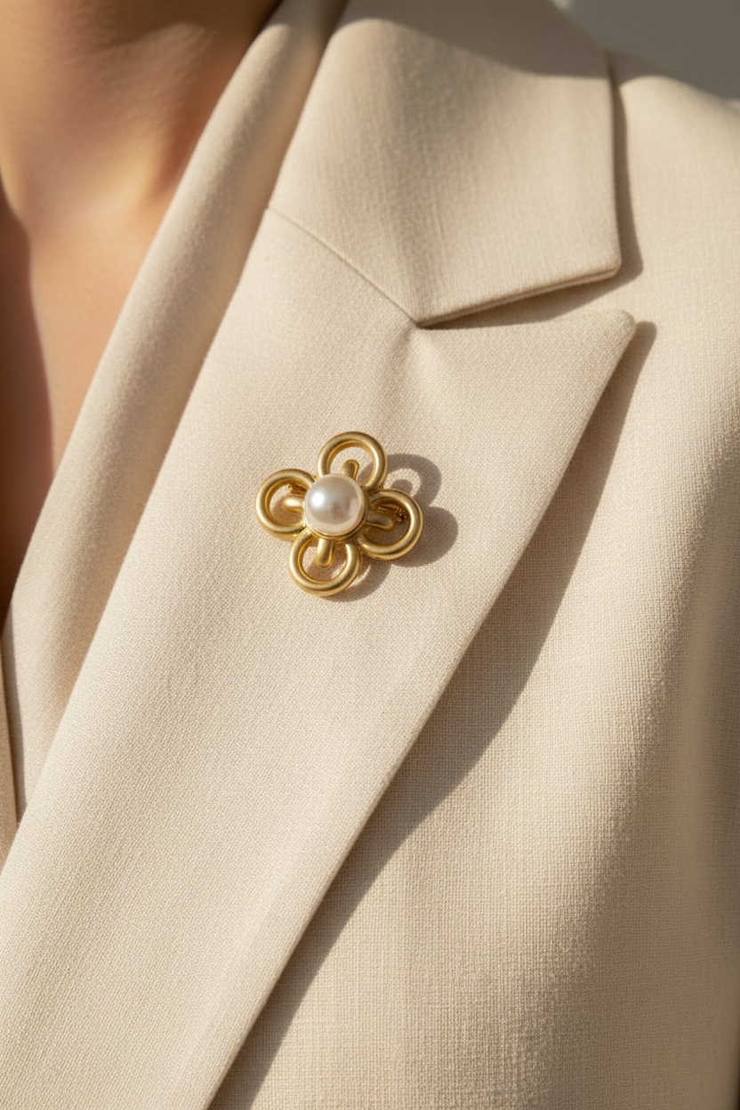 Gold-tone four-leaf clover brooch with a white pearl-style center pinned to an ivory blazer lapel