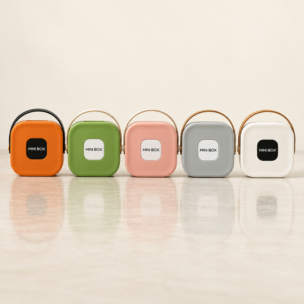 Mini travel jewellery boxes in orange, green, pink, grey and white