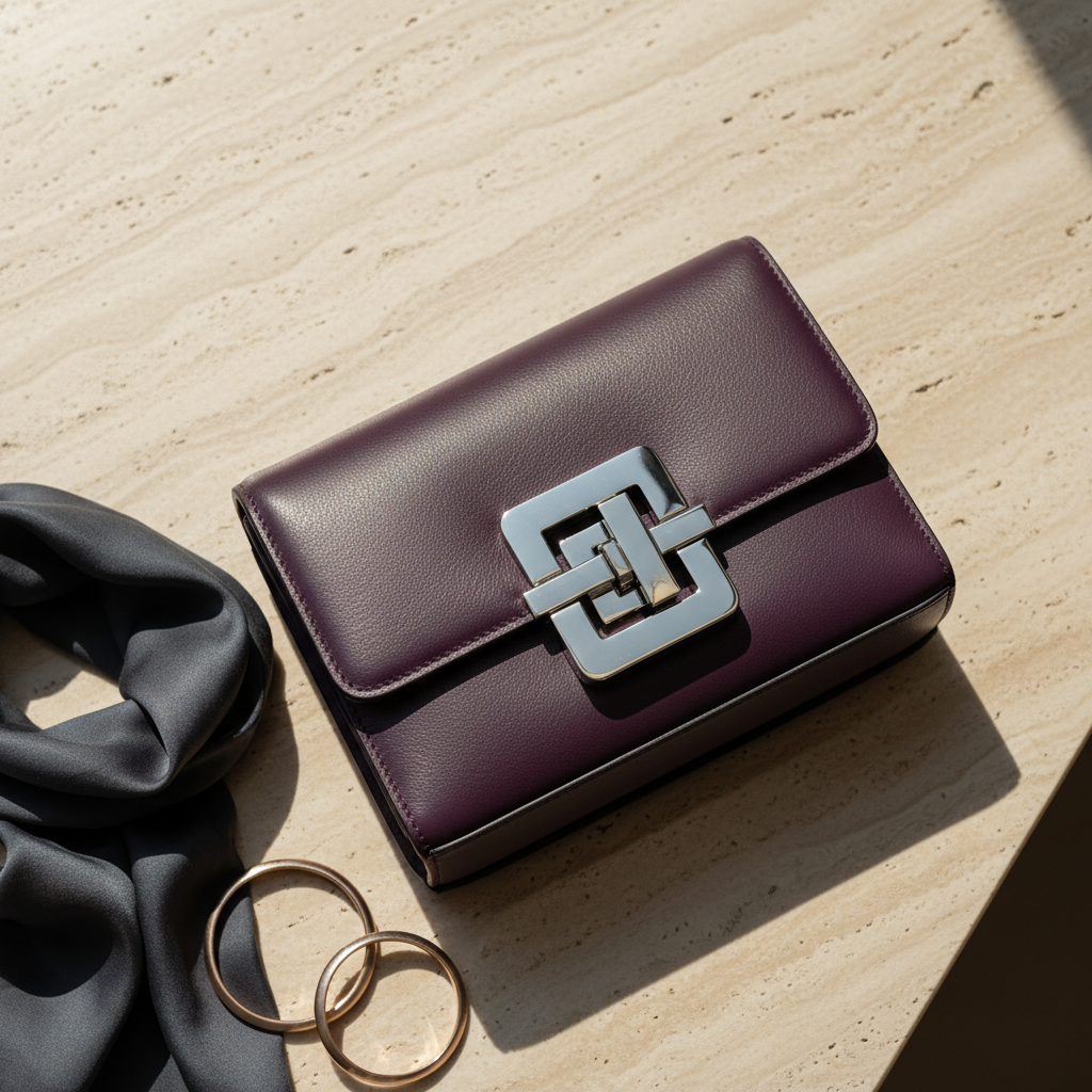 Purple leather shoulder bag styled on a warm ivory surface