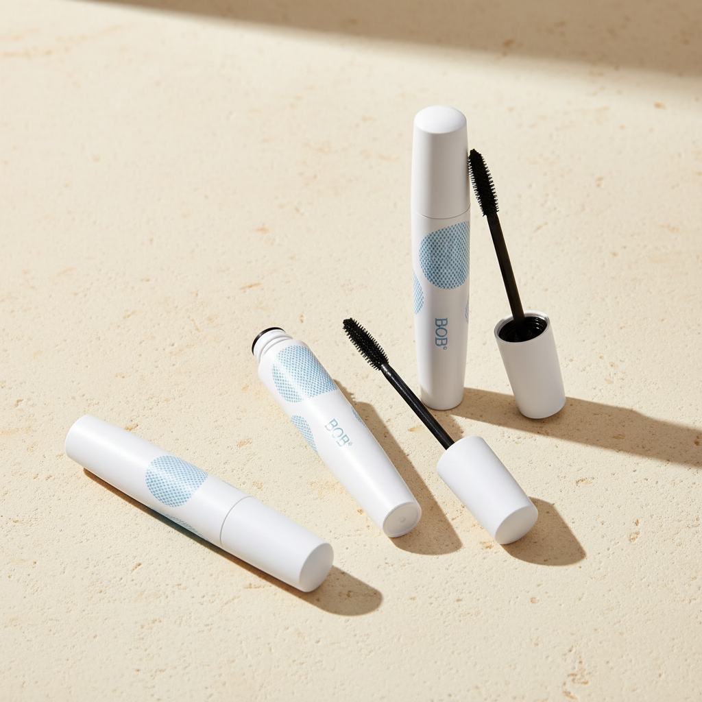 Waterproof black eyelash mascara in white packaging with pale blue details, shown with open applicator in a bright ivory flat lay