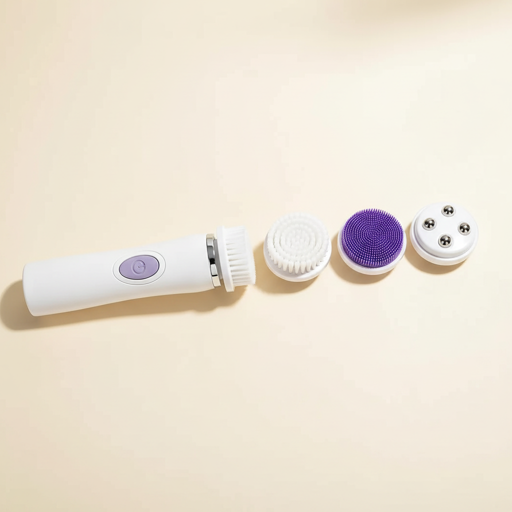 White GBL-737 facial cleansing brush with soft bristle, purple silicone, and steel-ball massage heads