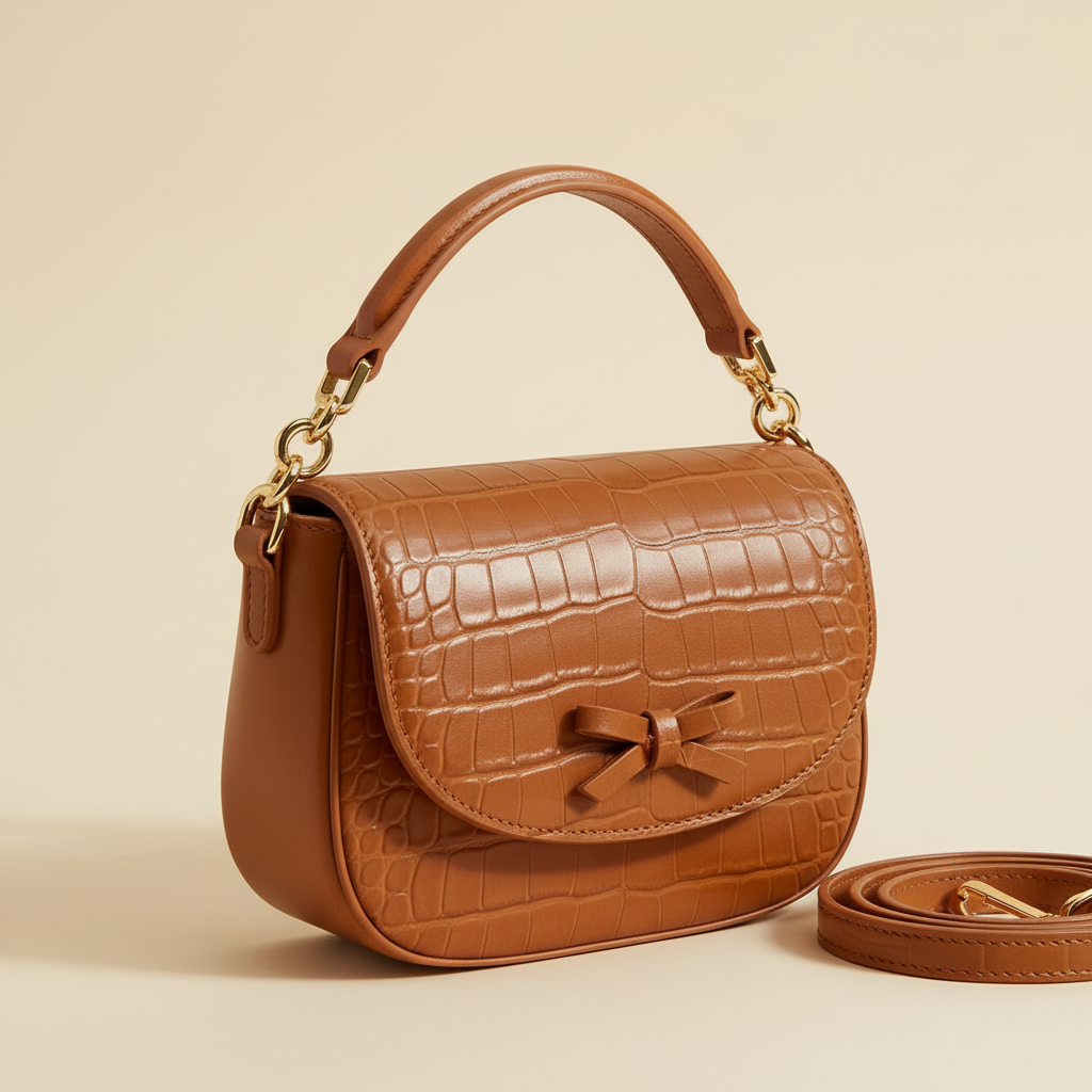 Close detail of the embossed leather, bow detail, and gold-tone hardware on a honey brown shoulder bag