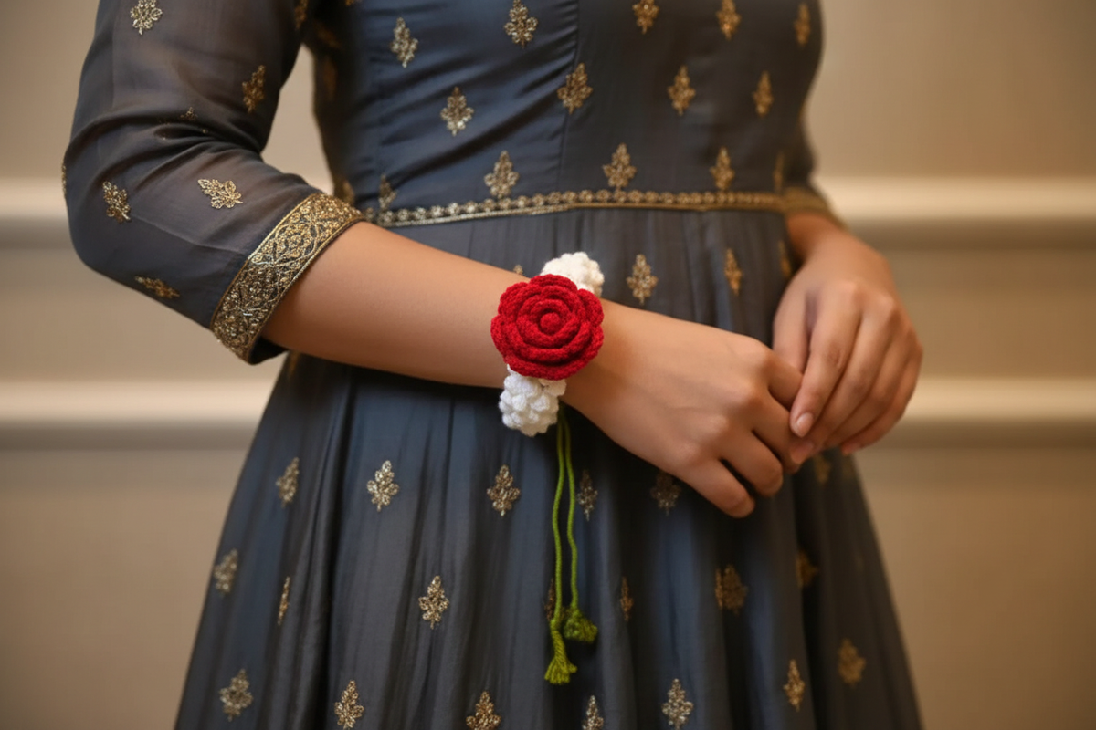 Red and white crochet gajra bracelet worn on a wrist with a festive outfit