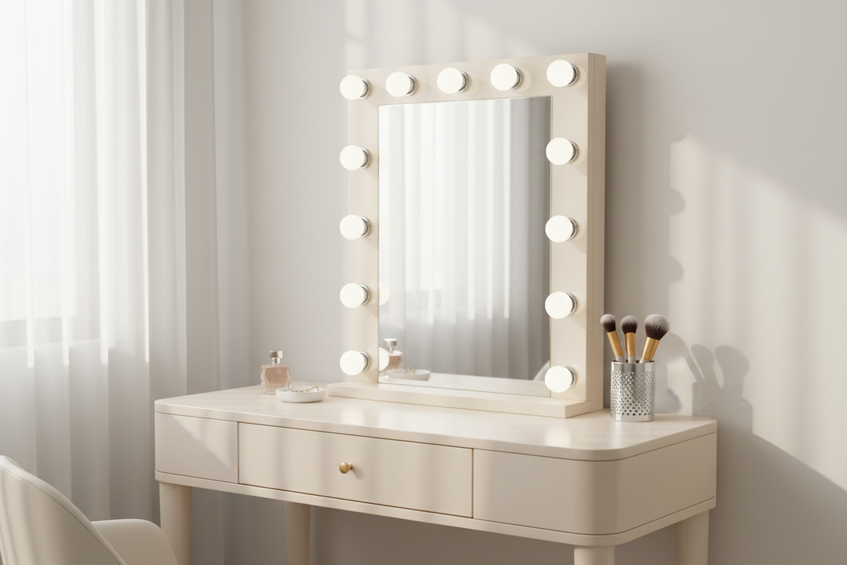 LED vanity mirror light kit installed around a mirror on an ivory dressing table