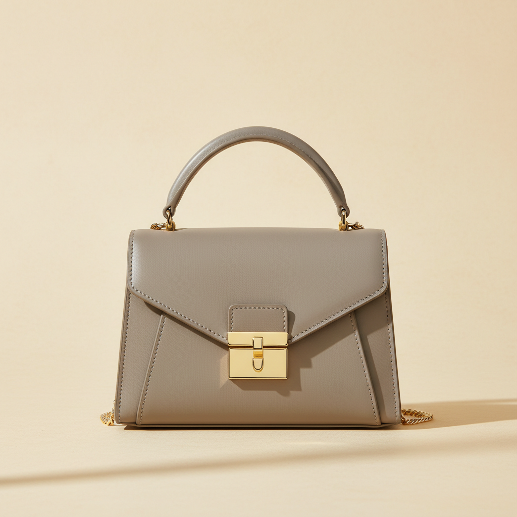 Grey leather flap handbag with top handle and gold-tone clasp on a warm ivory background