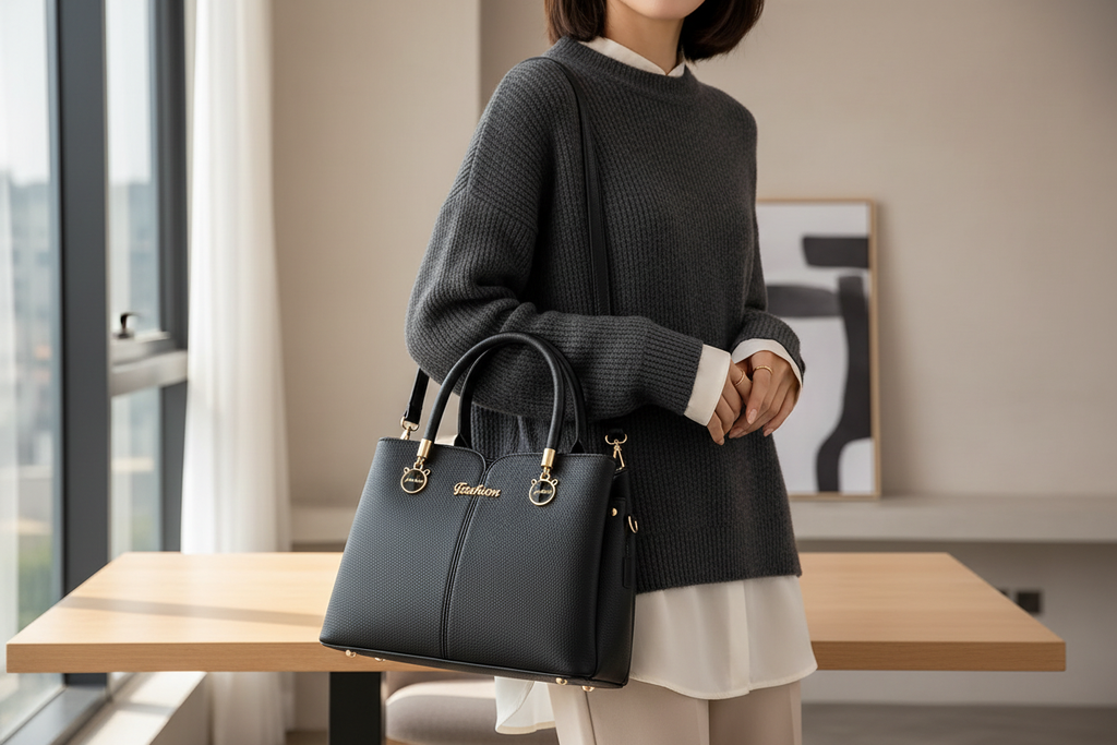 Black structured leather shoulder bag with three pockets carried in a refined everyday setting