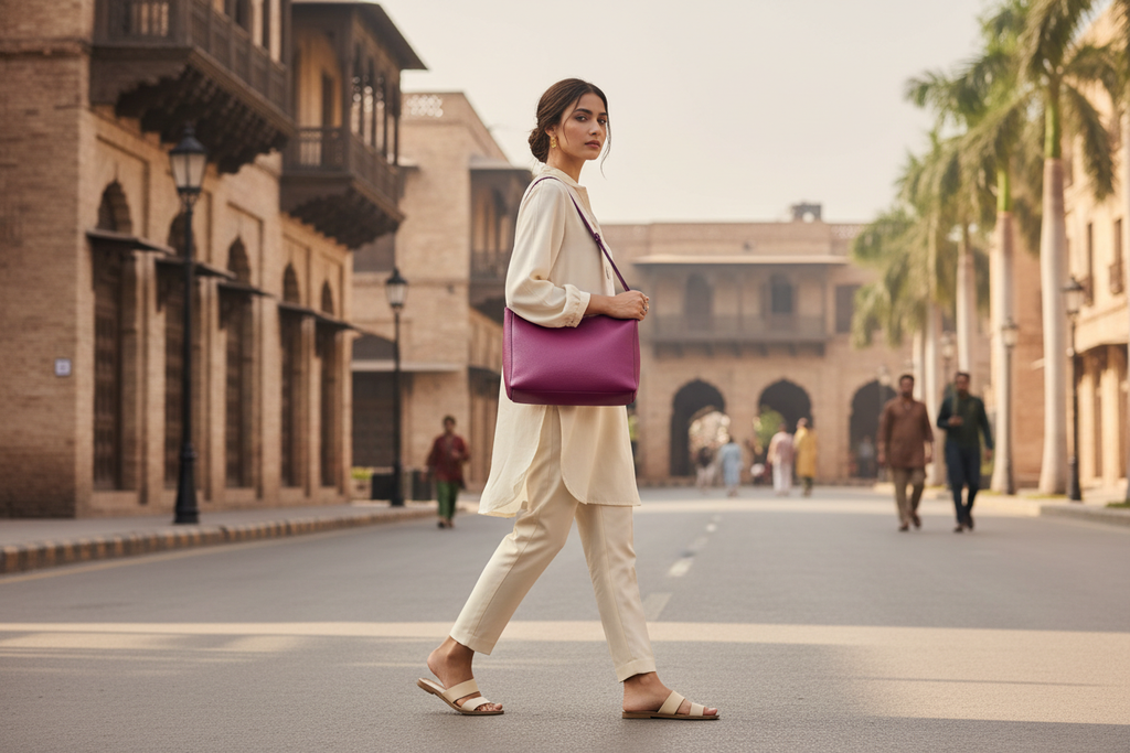 Woman wearing a magenta leather shoulder bag
