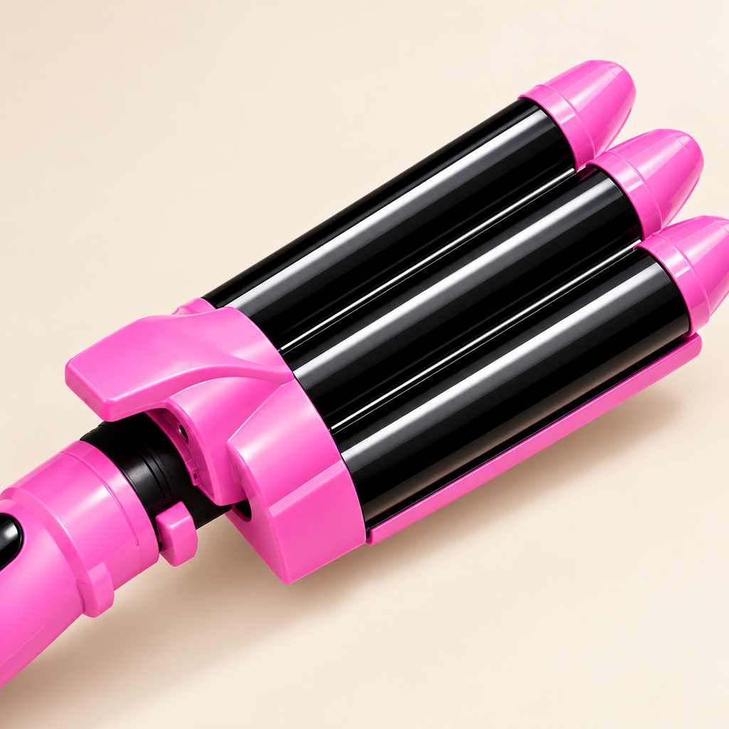 Close-up of three black barrels and pink guard on BaByverse BA-449 hair waver