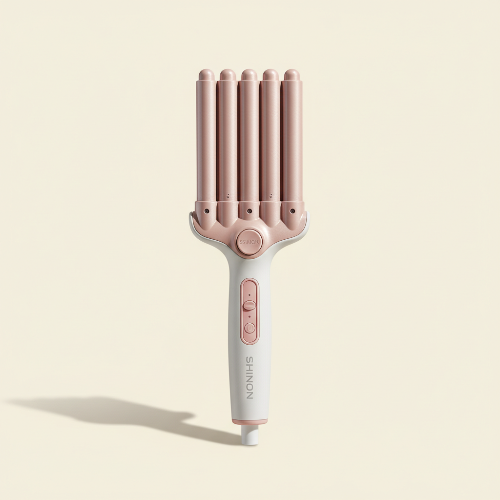 SHINON 5-barrel ceramic hair waver in pink and white on a warm ivory background