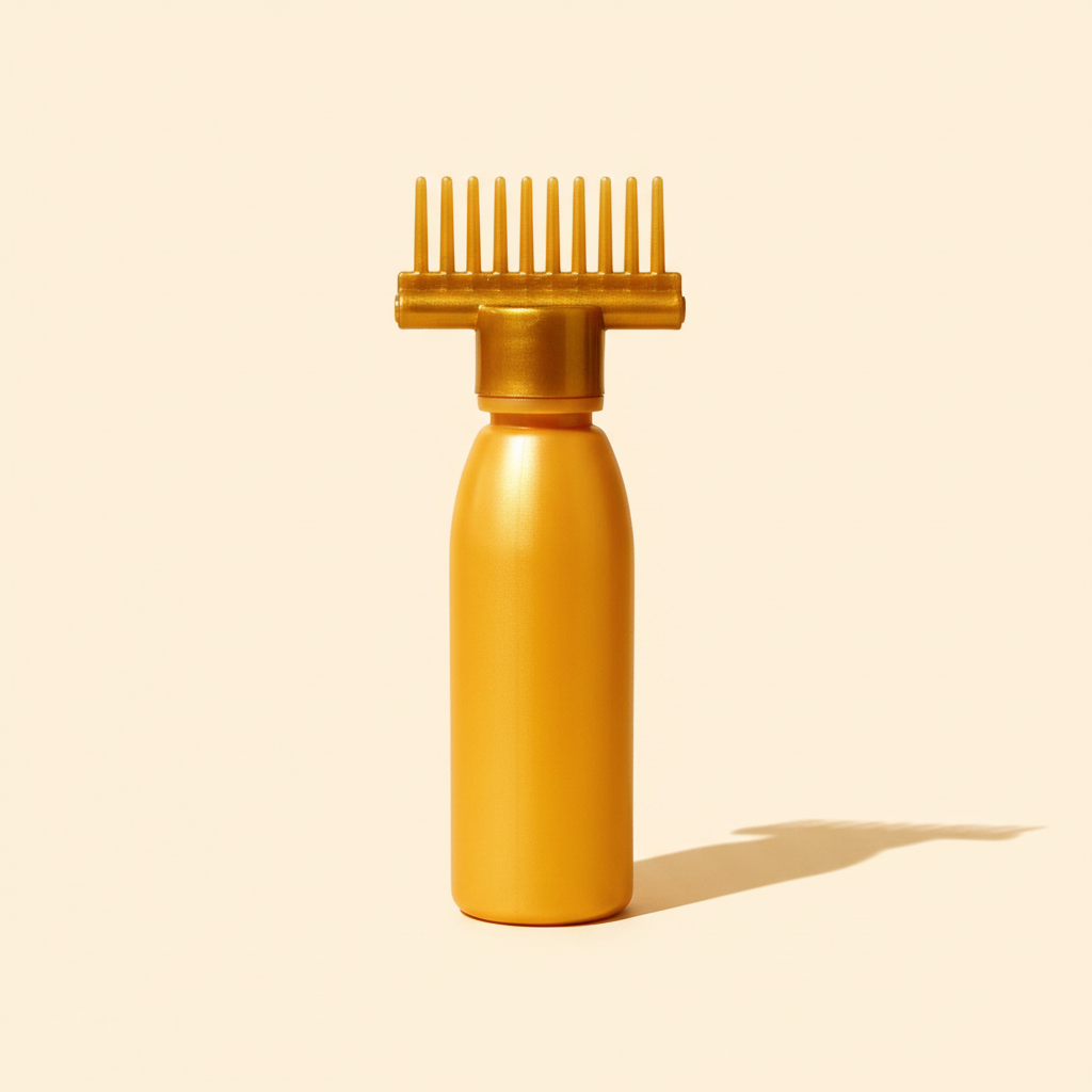 Gold hair oil applicator comb standing upright on a warm ivory background