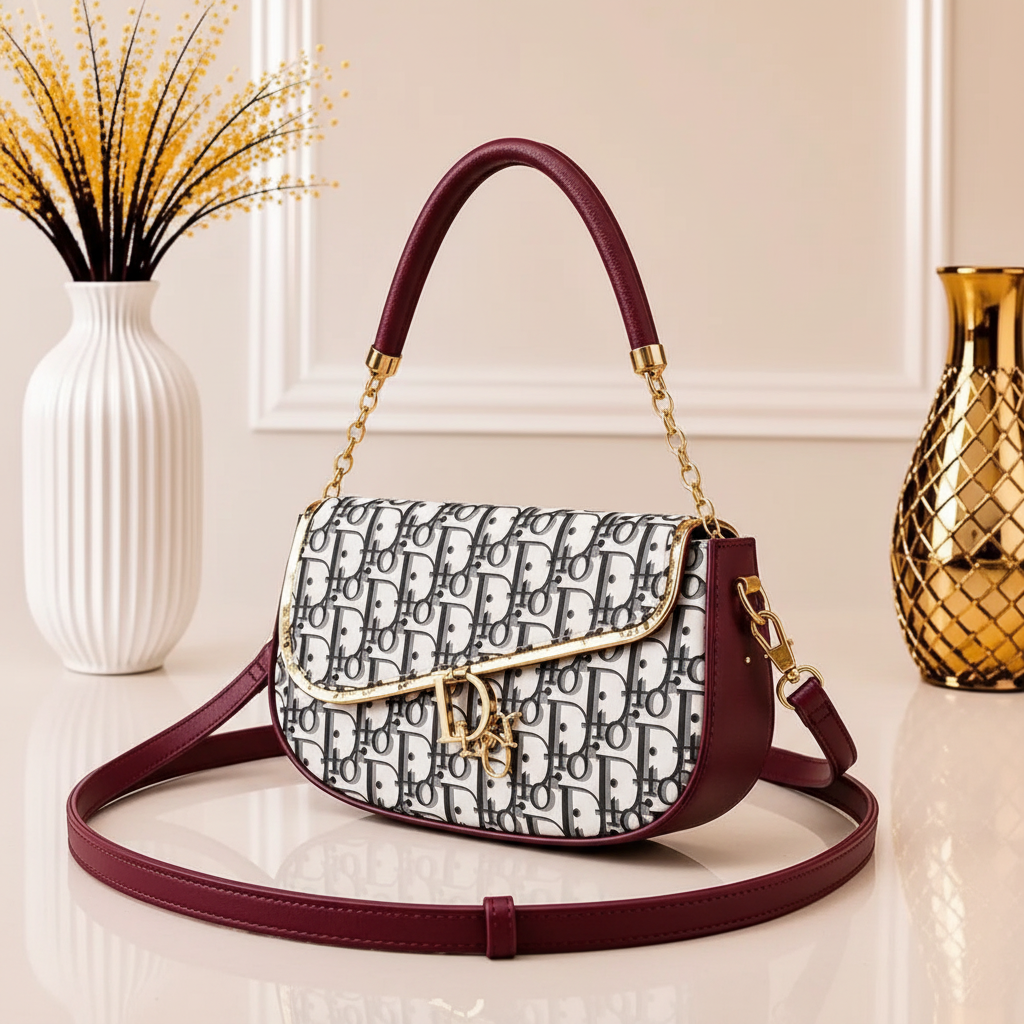 Close view of maroon leather shoulder bag with patterned body, gold-tone hardware and long strap