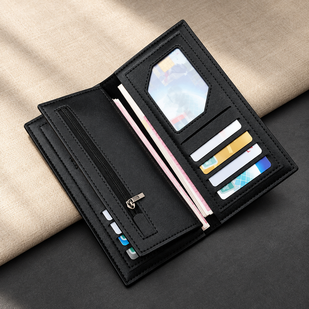 Open black long wallet showing card slots, ID window and zip pocket
