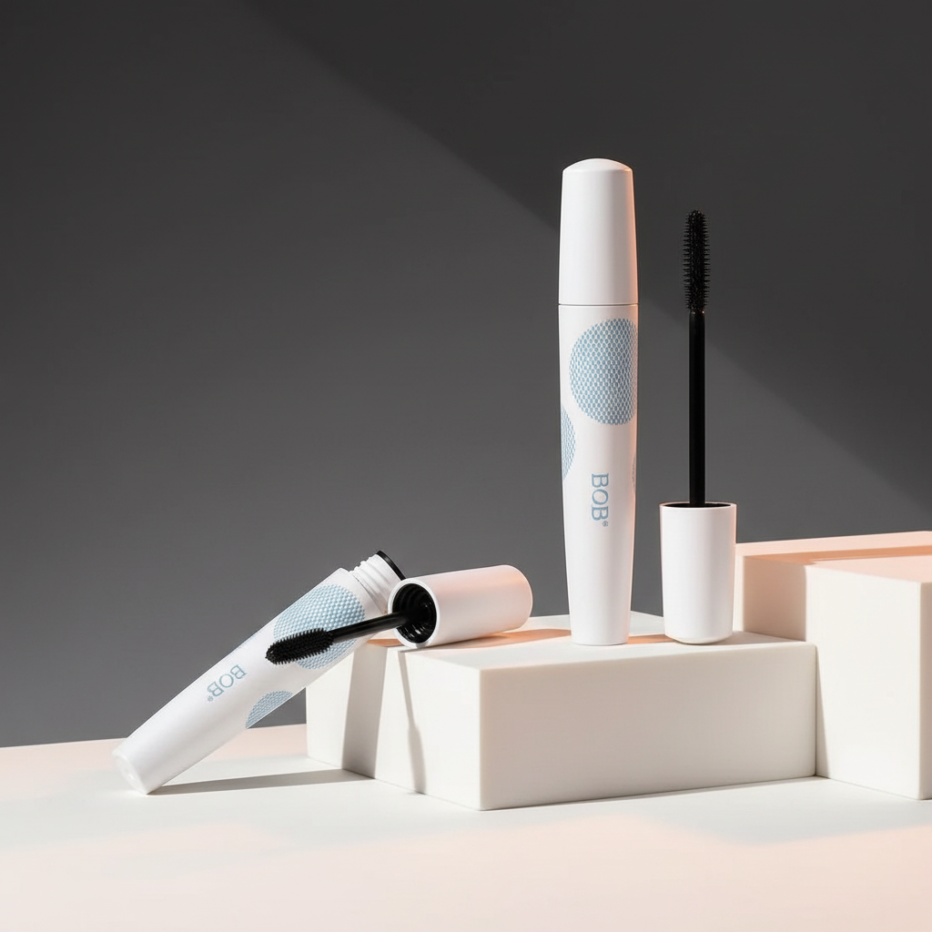 Waterproof black eyelash mascara in white packaging with pale blue details, shown with open applicator in a charcoal and ivory editorial still life