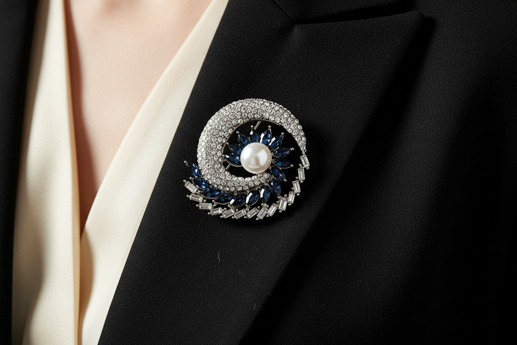 Pearl and blue crystal floral brooch styled on a tailored black blazer