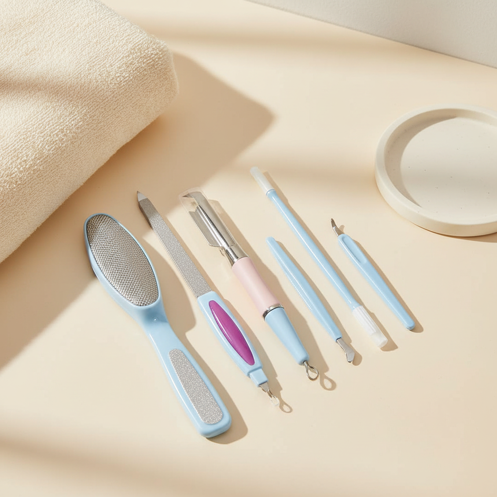 Six-piece multicolor manicure and pedicure kit styled beside a folded towel on a warm ivory vanity