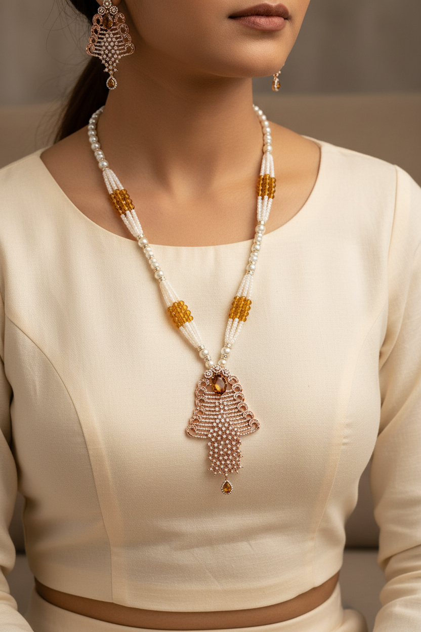 Pearl-style crystal pendant necklace and matching earrings styled with an ivory blouse