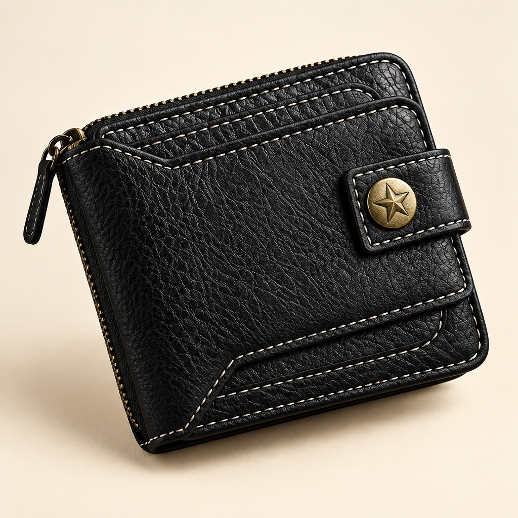 Close view of black leather bifold wallet stitching zipper and star snap