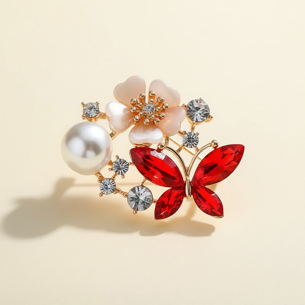 Close detail of a red pearl and crystal butterfly brooch