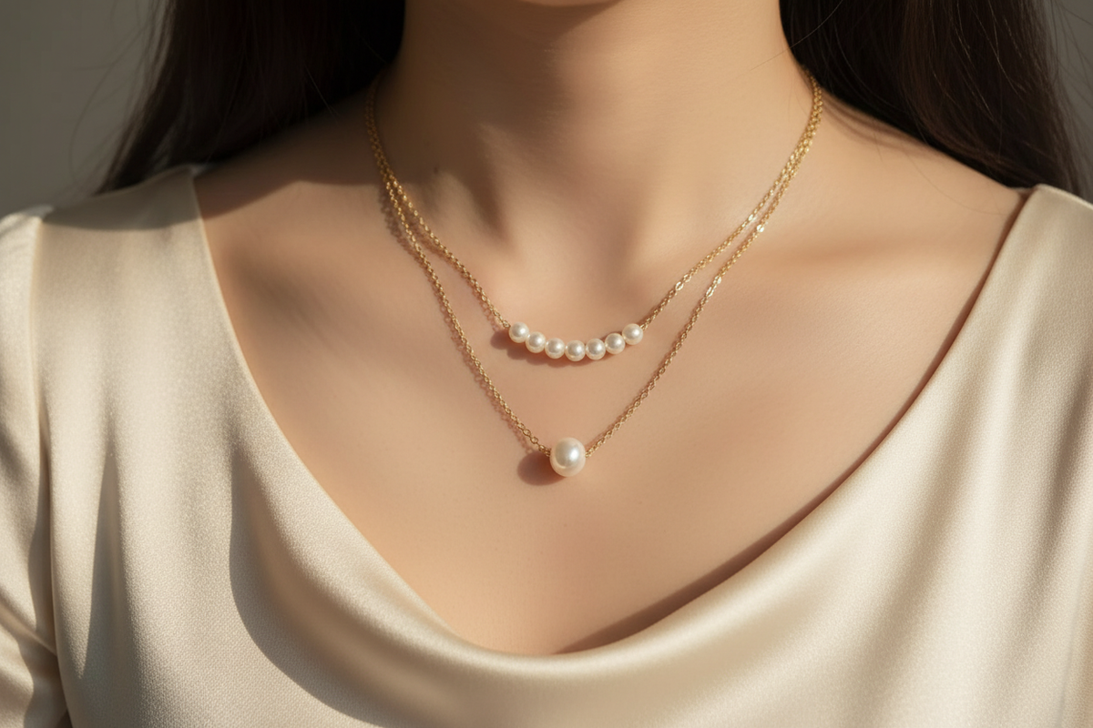 Two-layer gold-plated pearl necklace worn with an ivory neckline